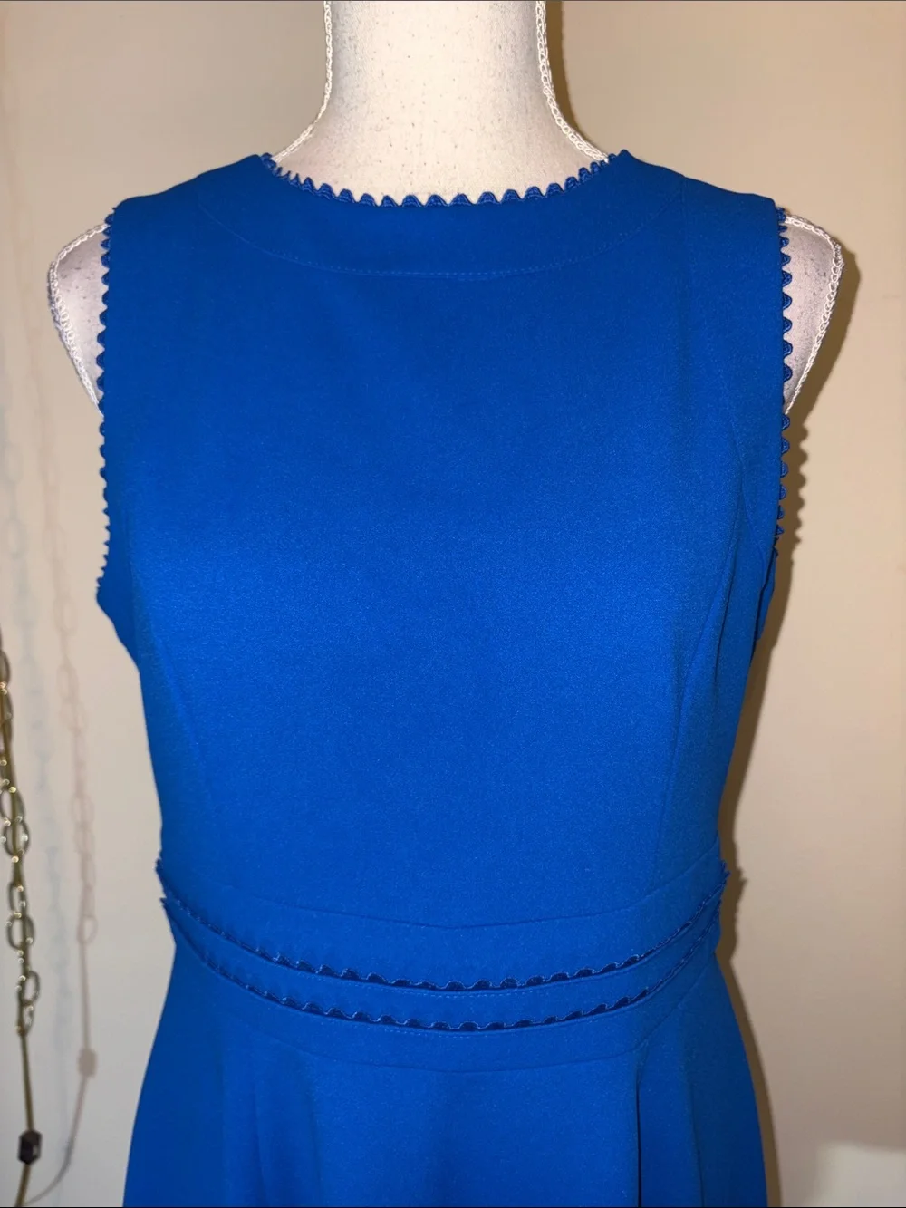 Calvin Klein blue sleeveless fit and flare scalloped lace midi dress